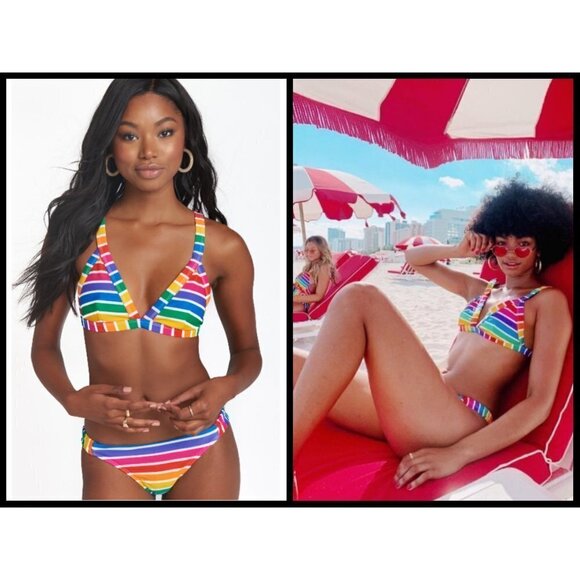 💕SHOW ME YOUR MUMU💕 Bikini Bombay Top (L) + Cancun Bottom (XL) Rainbow Fun Dip - Picture 1 of 9